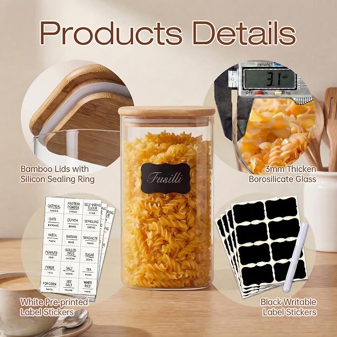 17 oz Square Glass Food Storage Containers with Airtight Bamboo Lids 12Pack | Stackable Small Pantry Jar for Spices, Nuts & Seed, Durable Borosilicate Glass Canister Keep Food Fresh, Easy to Fill & Clean - Image 4