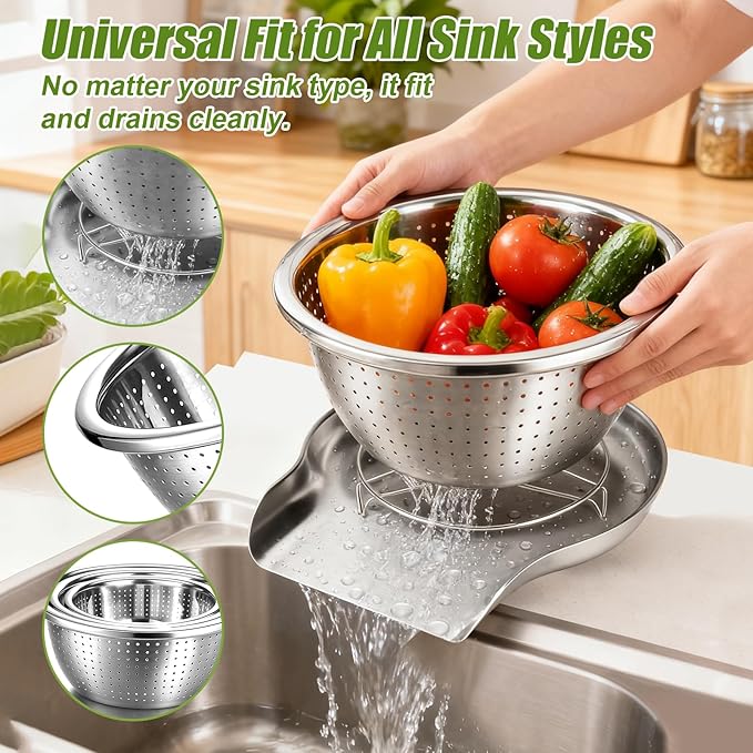 Palksky Stainless Steel Colander Set with Self-Draining Base, 3 Sizes Colanders & Food Strainers for Pasta, Rice, Fruits & Veggies, Metal Colander with Draining Plate for Sink or Countertop - Image 4