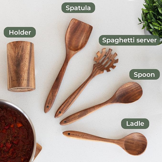WALDWERK Wooden Spoons for Cooking – 4-Piece Kitchen Utensils Set with Teak Wood Spoons, Spatula, Pasta Server & Holder – Wooden Utensil Set – Cooking Utensils – Utensil Sets - Non Toxic - Image 4