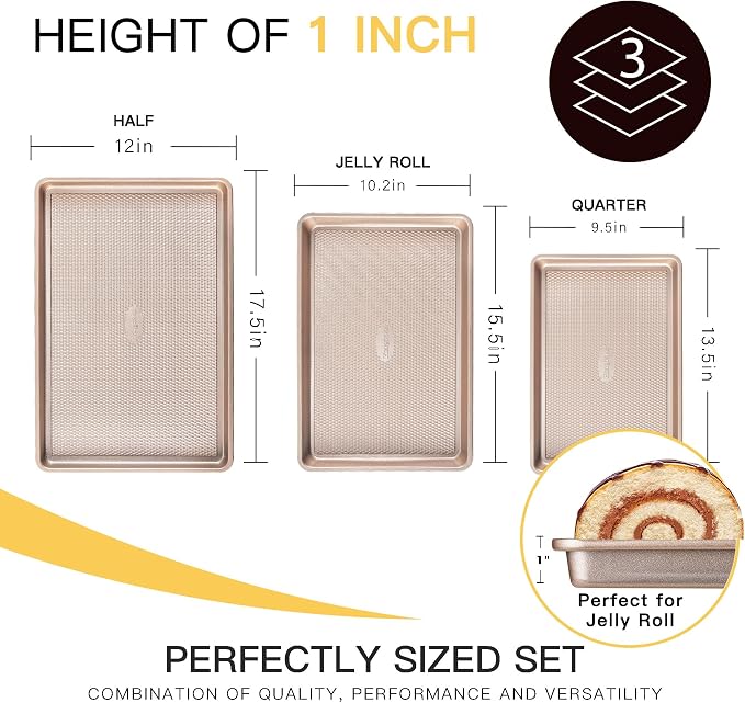 Baking Sheet Pan Set of 3, Cookie Sheets for Oven, Nonstick Half/Quarter/Jelly Roll Pans with Diamond Texture Pattern, 0.8mm Thick Heavy Duty Cookie Tray, Champagne Gold - Image 6
