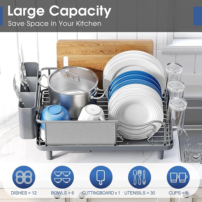 Urackify Stainless Steel Dish Drying Rack for Kitchen Counter, 16.9" x12.4" | Rustproof dish rack with utensil holder, 16.9" L x 12.4" W Large Capacity, Dish Drainer for Plates Dishes Sliverware, Grey - Image 2
