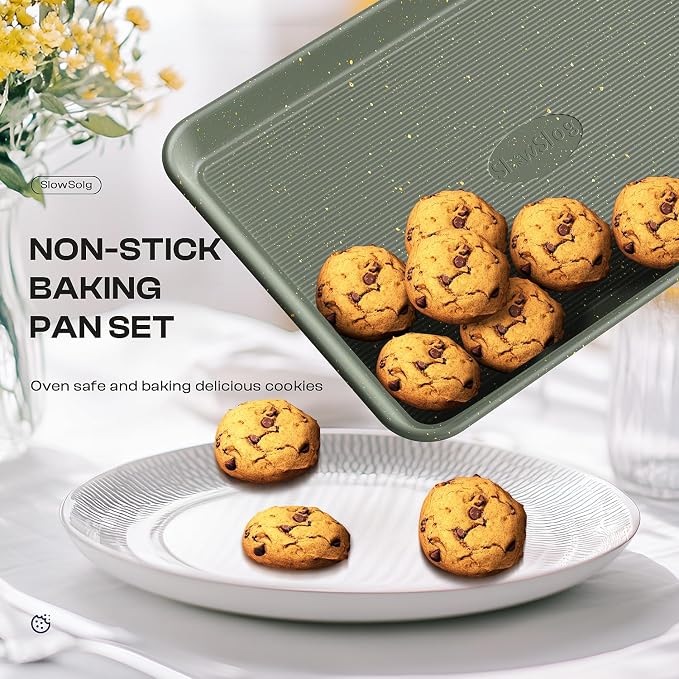 12-Piece Nonstick Baking Set, Non-Toxic Bakeware Set - Ceramic Coated Green | With Baking Sheet, Cake Pan, Square Pan, Loaf Pan, Roasting Pan, Muffin Pan, Cookie Sheet, Cooling Rack & Kitchen Utensilss - Image 4