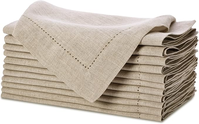 COTTON CRAFT Genuine Pure Linen Napkins - Set of 12 Hemstitch Cloth Napkins | Large 18x18 Natural Hand-Crafted Pure Luxury Linen Dinner Napkins with Hemstitch Detail - Brunch Lunch Holiday Table Napkins by COTTONCRAFT