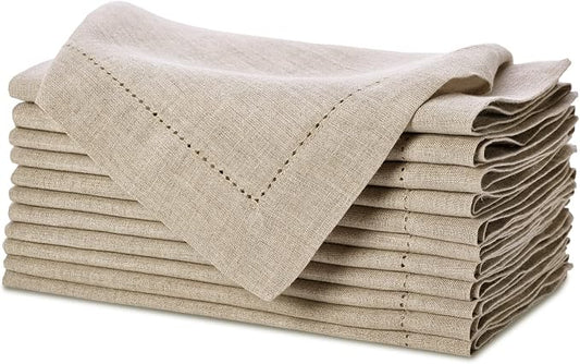 COTTON CRAFT Genuine Pure Linen Napkins - Set of 12 Hemstitch Cloth Napkins | Large 18x18 Natural Hand-Crafted Pure Luxury Linen Dinner Napkins with Hemstitch Detail - Brunch Lunch Holiday Table Napkins by COTTONCRAFT