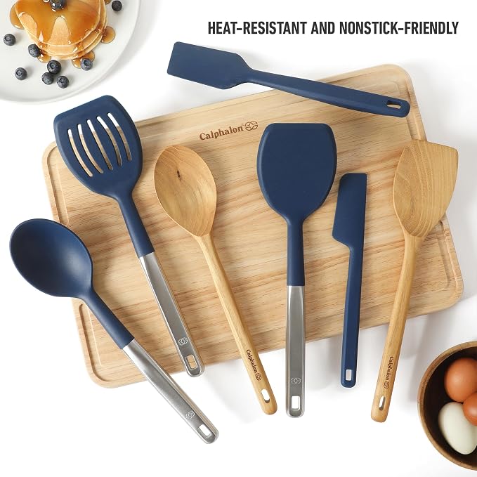 Calphalon Prime 7-Piece Silicone and Teak Wood Kitchen Tool Set, Stainless Steel Kitchen Utensil Set, Kitchen Spoon And Spatula Set, Heat Resistant Non-Slip Kitchen Gadgets Set - Navy Blue - Image 3