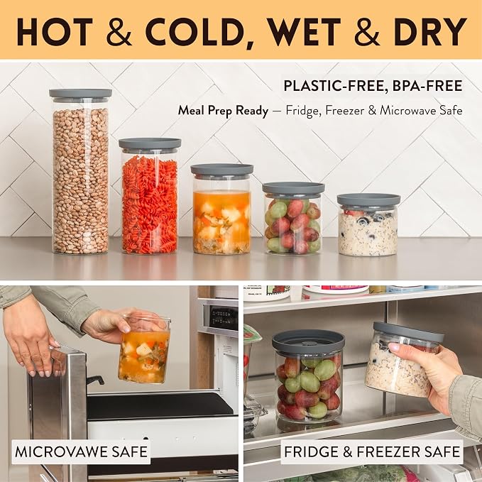 Glass Kitchen Storage Containers with Airtight Silicone Lids, BPA-Free Pantry Glass Jars with Airtight Lid for Pantry Meal Prep, Pasta and Food – Set of 5 with Portion Tool - Image 6