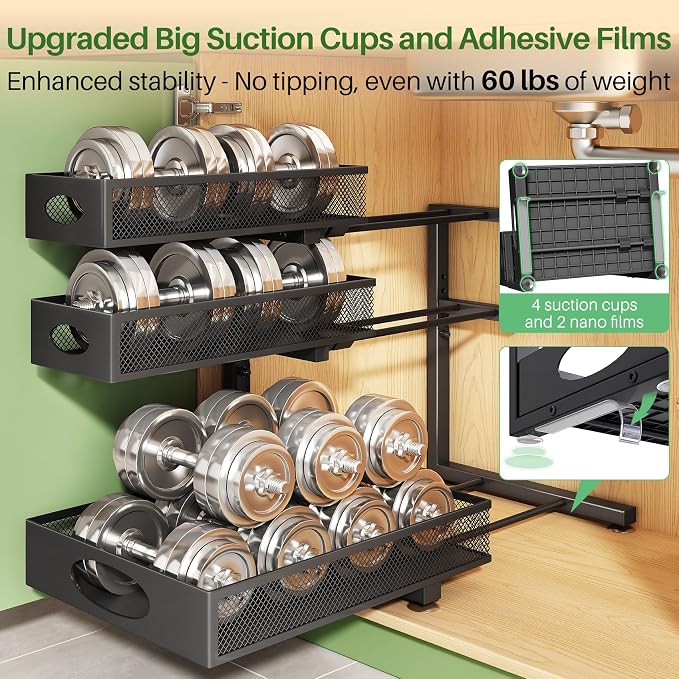 Kitstorack Under Sink Organizer 3-Tier Slide Out Drawer 2-Pack Black | Height Adjustable, Metal Mesh Storage Rack, Pull out Cabinet Organizer Shelf for Bathroom Kitchen Pantry Home Organization - Image 7