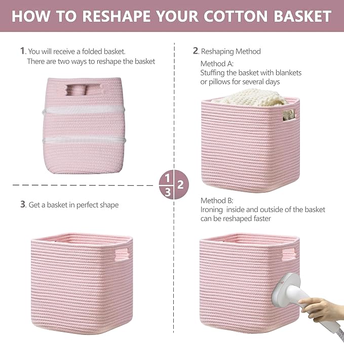 UBBCARE Set of 4 Storage Basket-13 X 13 X 13 in, Cotton Rope Basket for Shelves, Toys, Book, Cube Storage Bins with Handles, Woven Storage Basket for Organizing, Pink - Image 7