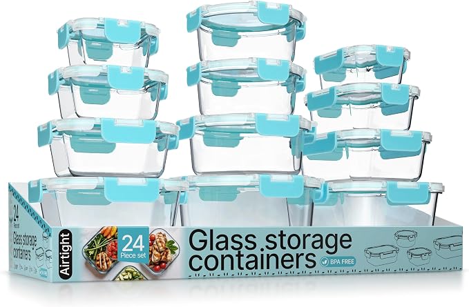 Bakken Borosilicate Glass Food Storage Containers with Lids 24 Pieces, BPA-Free Stackable Lunch & Leftover Containers, Microwave, Freezer & Dishwasher Safe, 100% Airtight Leak-Proof, Aqua by BAKK%C3%8BNMASTER