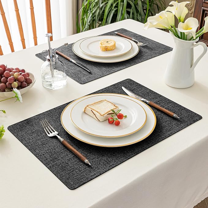Romanstile Vinyl Placemats Set of 4, Reversible Faux Leather Heat Resistant Wipeable Table Mats, Waterproof Washable Non-Slip Table Placemats for Dining/Kitchen/Party/Outdoor (Grey Black, 12" x 17") - Image 7