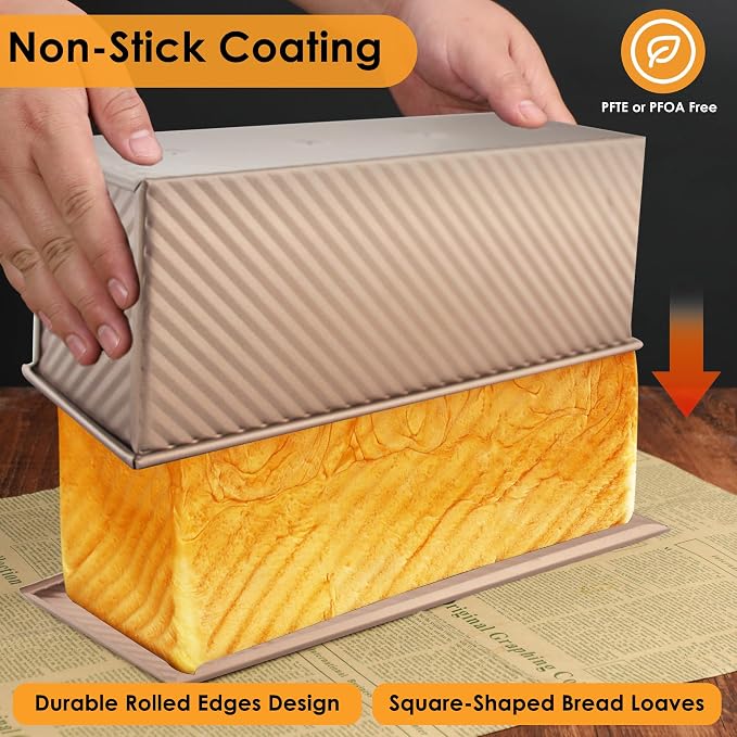 2-pack 2.2lb Aluminized Steel Gold Pullman Loaf Pan with Lid, Premium Non-Stick Coating Bread Pan, PFTE and PFOA-Free, Safe and Healthy Baking for Homemade Bread with Family-sized Recipes - Image 2