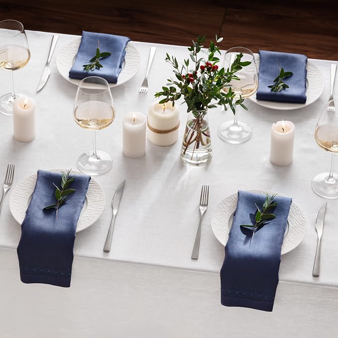 Linen Napkins Set of 4-100% Pure Linen Navy Blue Dinner Napkins with Embroidered Dot 18 x 18 inch - Hemstitch Cloth Napkins Washable for Summer and Wedding Decor - Image 4