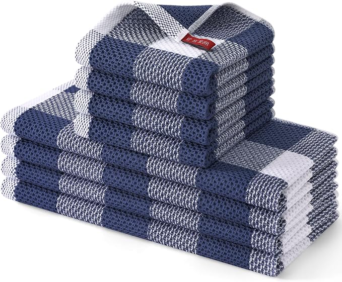Homaxy Kitchen Towels and Dishcloths Set, Set of 8, White & Navy Blue | Bulk Cotton Waffle Weave Check Plaid Kitchen Towels, Super Soft and Absorbent Dish Cloths, 12 x 12 and 13 x 28 Inches by Homaxy
