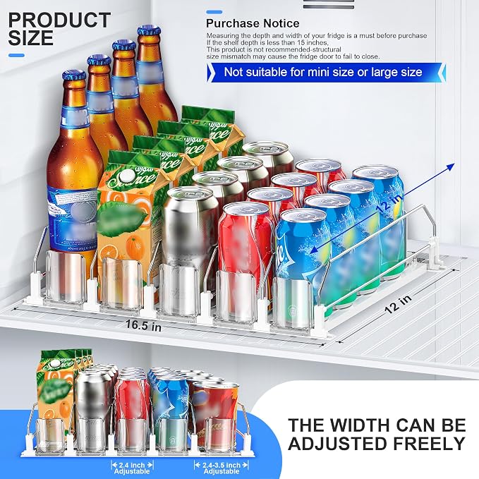 Upgraded Drink Organizer for Fridge, Space-Saving Fridge Drink Organizer, Automatic Pusher Glide and Adjustable Width Drink Dispenser for Fridge - Holds Up to 20 Cans (5 Rows White) - Image 3