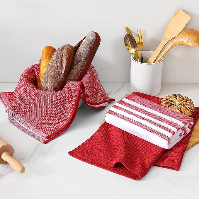 Homaxy Cotton 380 GSM Premium Kitchen Towels, 18"x 28", 12 Pack, Red | Soft and Absorbent Terry Dish Towels, Multipurpose Tea Towel Set with Hanging Loop, 3 Styles Kitchen Hand Towels - Image 6