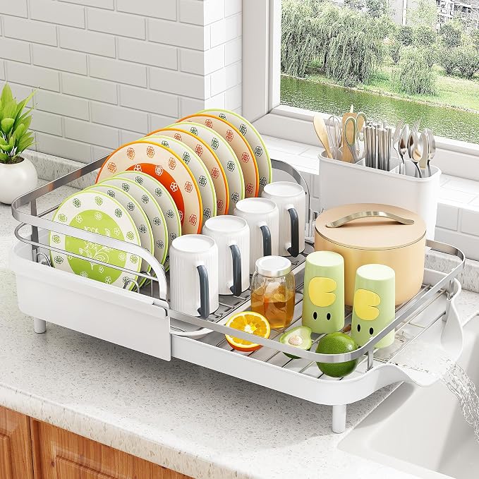 SAYZH Expandable Dish Drying Rack for Small Kitchen Counter, White | Stainless Steel, Protective Guardrail, Angled Drainboard, Fits High-Rim Sinks, Removable Utensil Holder by SAYZH