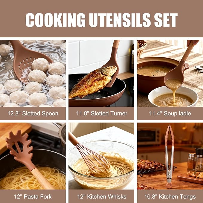 Utensil Sets,18-Piece Silicone Cooking Utensils and Knife Set,Mousse | Dishwasher-Safe Kitchen Utensils,Large Capacity Countertop Organizer for Knives,Utensils,Cutting Board - Image 6