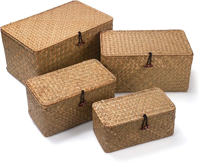 Wicker Basket with Lid, Seagrass Storage Basket, Woven Baskets for Storage, Decorative Storage Baskets for Shelf Organizing, Natural - Image 5