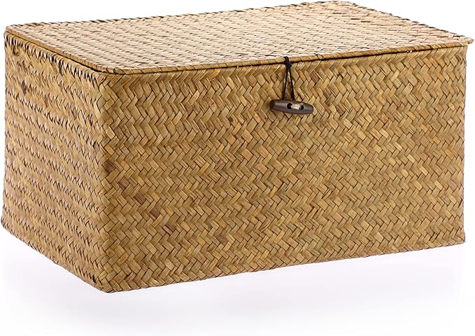 Hipiwe Wicker Shelf Baskets Bin with Lid Woven Seagrass Storage Box, Large | Decorative Basket Organizer Rectangular Household Basket Boxes for Shelf Wardrobe Home Decor, Caramel by Hipiwe