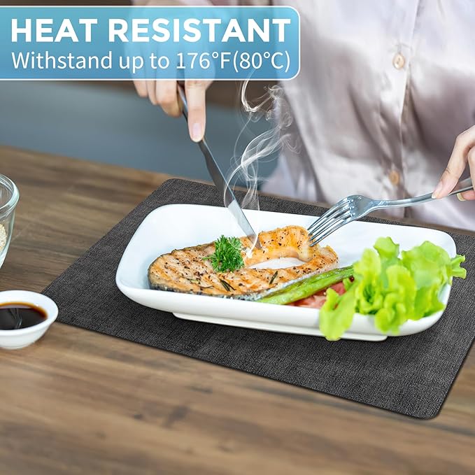 Placemats Set of 8 Washable, Heat Resistant Table Placemats Wipeable Faux Leather Place Mats Non Slip, Waterproof Square Table Mats for Indoor Outdoor, Charcoal Gray - Image 2
