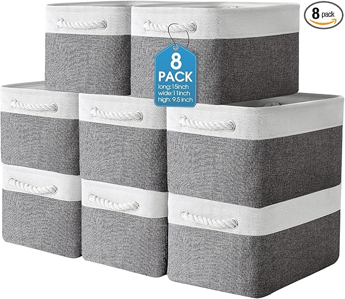 meekoo 8 Pack Collapsible Storage Bins Fabric Storage Bins Polyester Fabric Baskets with Handles Linen Closet Organizer for Shelf Home Closet Towels Toys(15 x 11 x 9.5 in,Gray White) by meekoo