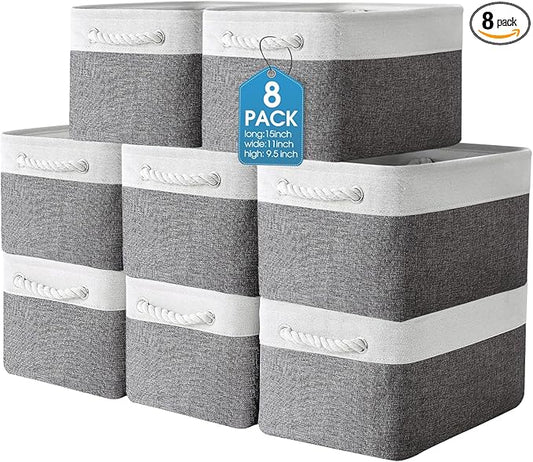 meekoo 8 Pack Collapsible Storage Bins Fabric Storage Bins Polyester Fabric Baskets with Handles Linen Closet Organizer for Shelf Home Closet Towels Toys(15 x 11 x 9.5 in,Gray White) by meekoo