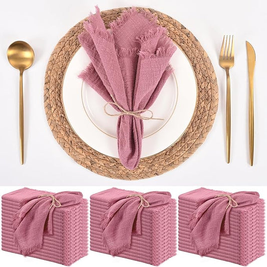 50 Pack Dusty Rose Cloth Napkins, 16 x 16 Inch Cotton with Fringe Settings | Handmade washable reusable cotton dinner napkins in bulk for weddings, parties, rustic boho table settings by FXKS