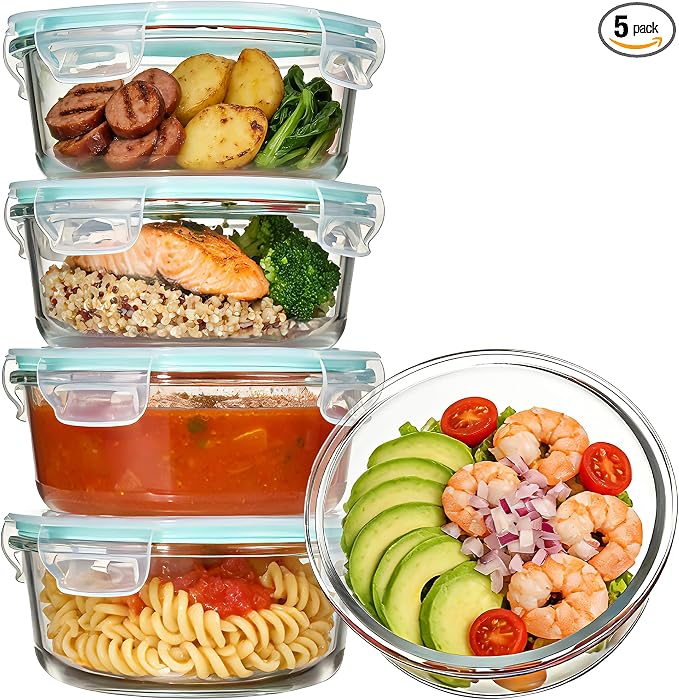 Vtopmart 5Pack 22oz Glass Storage Containers with Lids, Green, Round | Glass Meal Prep Food Container Sets, Snap Airtight Lid, For Microwave, Oven, Freezer and Dishwasher, BPA Free by Vtopmart