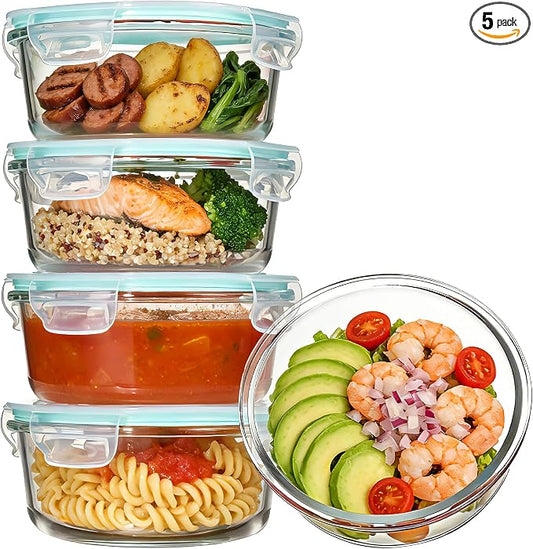 Vtopmart 5Pack 22oz Glass Storage Containers with Lids, Green, Round | Glass Meal Prep Food Container Sets, Snap Airtight Lid, For Microwave, Oven, Freezer and Dishwasher, BPA Free by Vtopmart