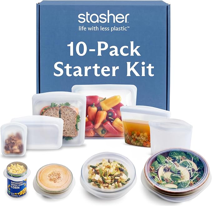 Stasher Reusable Silicone Bags and Stretch Lids, 10-Pack Starter Kit, Clear | Food-Safe Silicone, Eco-Friendly, Reusable Freezer Bags, Microwave, Dishwasher, Oven, Snack Bags, Lunch Containers, Meal Prep by Stasher