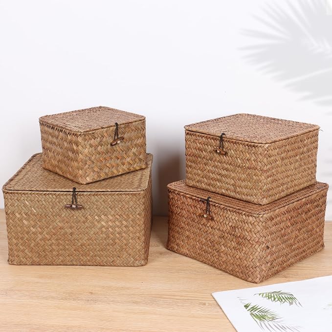 Moosky Wicker Shelf Baskets with Lid, Handwoven Seagrass Storage Basket Bins Square Gift Boxes for Shelves Home Decor Organizer (Coffee, Set of 4) - Image 2