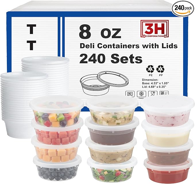 8 oz Food Storage Containers with Lids (240 Set/480 Piece) Small Deli Containers for soup, Freezer Microwave Safe, BPA-Free Plastic, Stackable Snack Leakproof Leftover Organizers by 3HCORPORATION