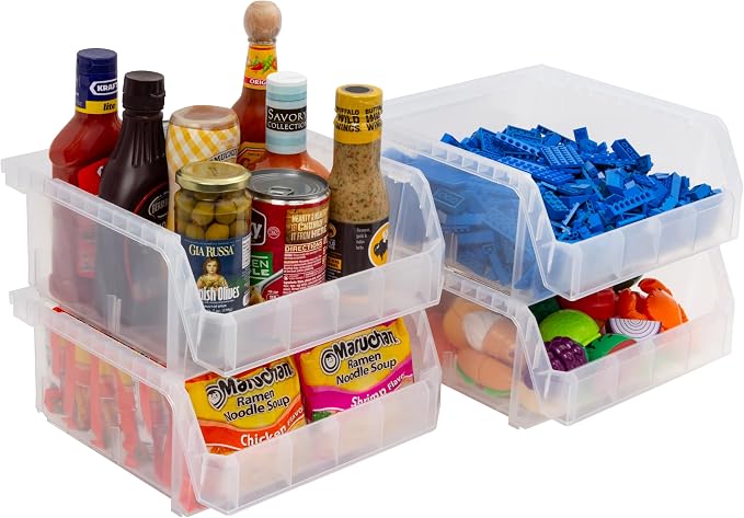 Medium-Wide Stackable Plastic Storage Bins, 4-Pack, Clear | Open-Front Stackable Bins For Garage, Pantry, Closet & Office, 11"L X 11"W X 5"H, Nests When Empty, Durable Plastic, - Image 7