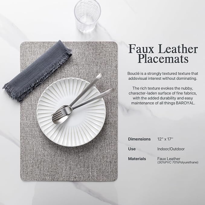Baroyal Faux Leather Placemats Set of 4 Vinyl Washable Wipeable Table Mats for Kitchen Dining Table Heat Resistant Waterproof Modern Indoor/Outdoor Placemats Non-Slip Easy Clean Place Mats (Mid Gray) - Image 2