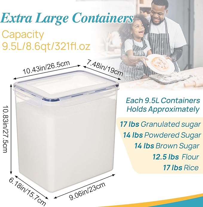 Vtopmart 9.5L Flour Sugar Storage Containers, 2 Pack, Each Fits 12.5 lb | Each for 12.5 lb Flour, Airtight Seal, Multiple Sizes, BPA Free, Food Grade Material, Dishwasher Safe (Not Lids) - Image 2