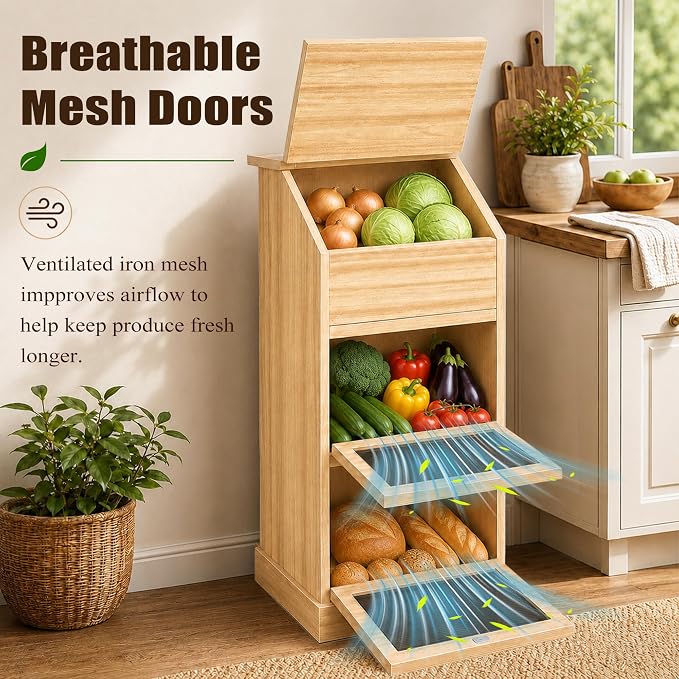 Potato and Onion Storage Bin with Lid, 3-Tier Vegetable Storage, Wooden Rustic Bread Box Cabinet for Fruit and Vegetable, Food Storage Containers Cabinet for Kitchen Pantry (Oak) - Image 4