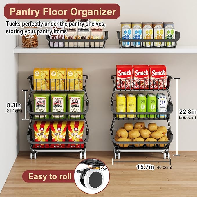 3-Tier Rolling Pantry Cart with Wheels, Stackable Wire Storage Floor Organizer for Kitchen Pantry Snack Shelves, Fruit Basket Stand, Vegetable Storage Rack for Food Snacks Onion Potato - Image 3