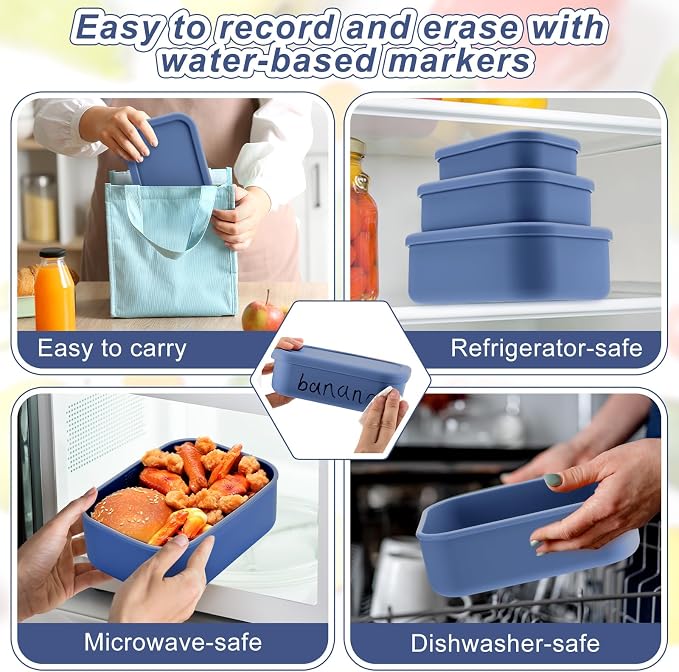 2 Sets of 6 Silicone Food Storage Containers, Reusable Lunch Bento Box with Lid, Hard Shell Storage Containers, Microwave Dishwasher Freezer Safe, 10 oz, 23.6 oz, 44 Ounce(Blue) - Image 5
