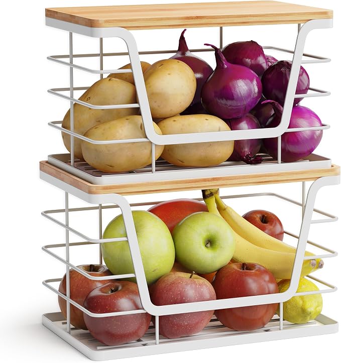 ALOCEO 2 Pack Potato and Onion Storage Bins, Large Trash Bag Holder Under Sink with Bamboo Top, Stainless Steel Pantry Organizers Storage, Kitchen Counter, White by ALOCEOWallHooksAdhesive