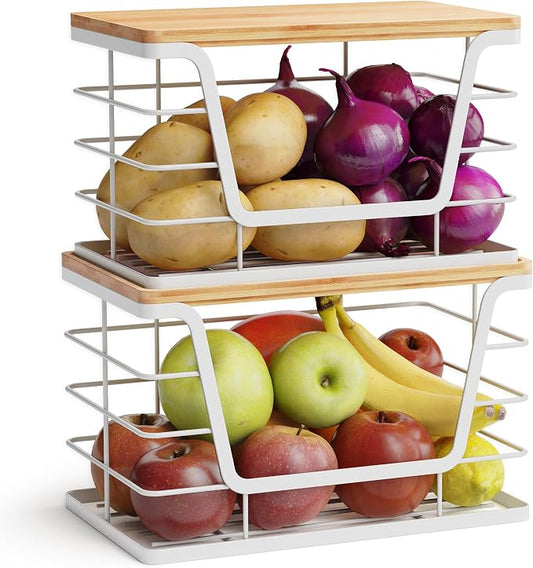 ALOCEO 2 Pack Potato and Onion Storage Bins, Large Trash Bag Holder Under Sink with Bamboo Top, Stainless Steel Pantry Organizers Storage, Kitchen Counter, White by ALOCEOWallHooksAdhesive