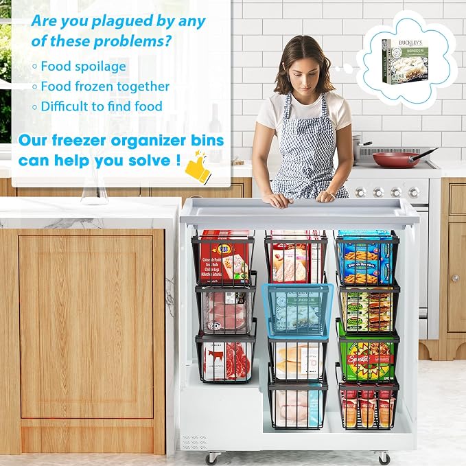 SUNALLY Freezer Organizer Bins, 8 Pack Stackable Pantry Storage Bins, Black | Chest Freezer Organizer for 5-7 Cu.FT Deep Freezer to Sort Frozen Meats & Food, Wire Baskets for Pantry Organizers & Storage - Image 6
