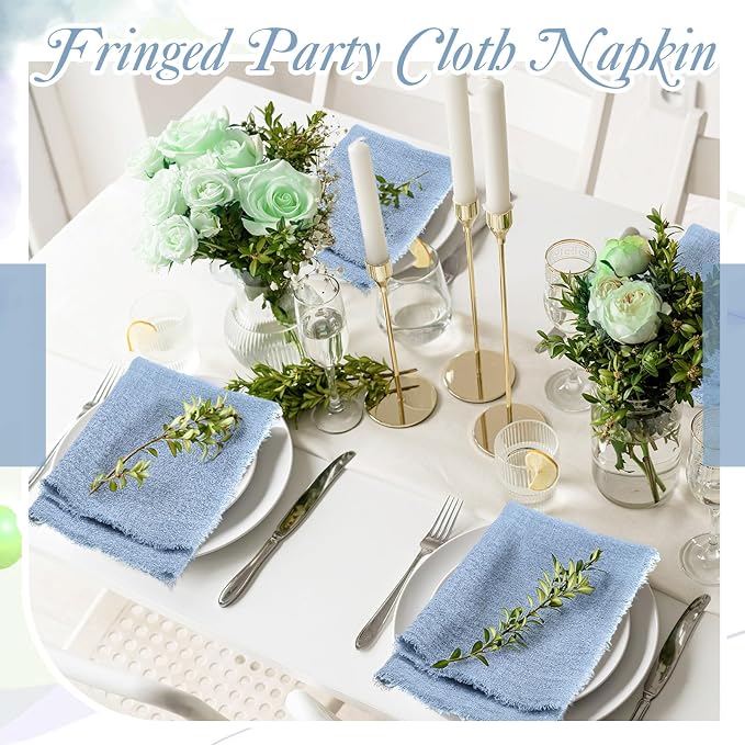 48 Pcs Cotton Linen Cloth Napkins with Fringe 16.5 x 16.5 Inch Square Rustic Dinner Linen Napkins Bulk for Wedding Party Banquet Dinner(Dusty Blue) - Image 6