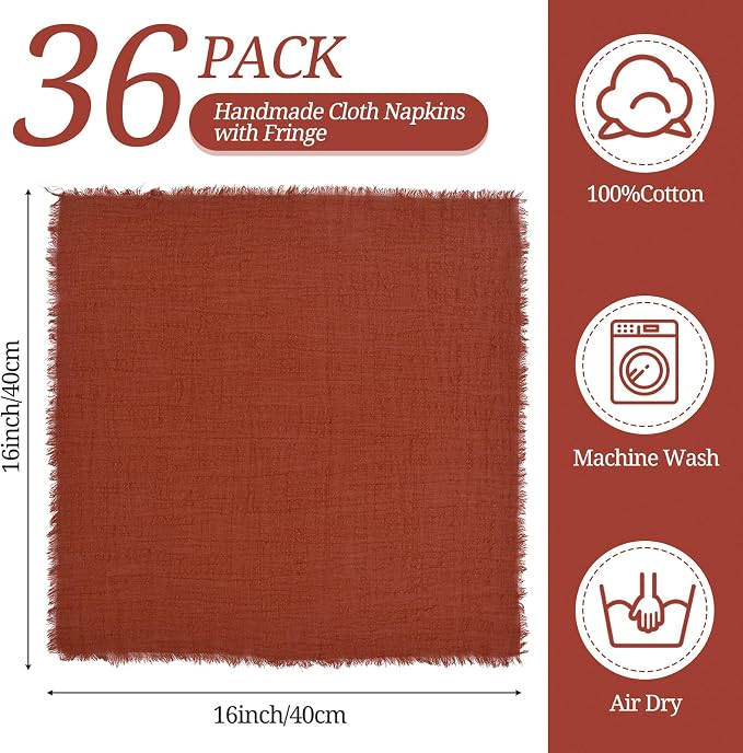 36 Pack Terracotta Cloth Napkins, 16 x 16 Inch Cotton with Fringe Settings | Handmade washable reusable cotton dinner napkins in bulk for weddings, parties, rustic boho table settings - Image 2