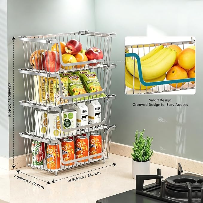 4 Pcs Stackable Wire Baskets for Pantry Organizers and Storage,silver | Vegetable Fruit Basket for Countertop,Kitchen Storage Metal Baskets,Produce Potato Onion Storage Bin, - Image 5