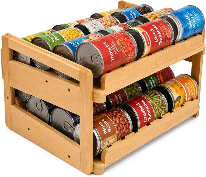 MinBoo Bamboo FIFO Can Organizer for Pantry, 24-Can Gravity Dispenser with Adjustable Dividers, Freestanding Wood Canned Food Storage Rack for Soup, Soda and Pet Food, 15.5" W x 11.6" D x 9.4" H by MinBoo
