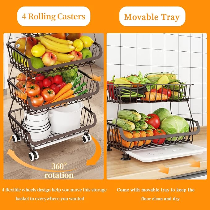 Fruit Vegetable Storage Basket for Kitchen - 4 Tier Stackable Metal Wire Baskets Cart with Rolling Wheels Utility Fruits Rack Produce Snack Organizer Bins for Pantry Bathroom Laundry Bronze - Image 4