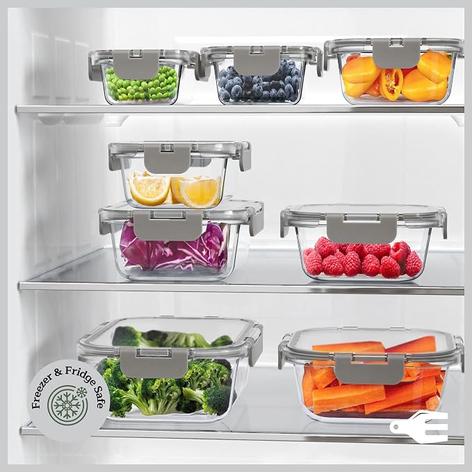 Emporio Kitchen Borosilicate Glass Food Storage Containers with Lids 24 Pieces, BPA-Free Stackable Lunch & Leftover Containers, Microwave, Freezer & Dishwasher Safe, 100% Airtight Leak-Proof, Gray - Image 10