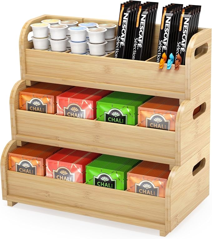 3-Tier Bamboo Tea Bag Organizer, Stackable Tea Holder for Countertop | Tea Box Rack with Removable Dividers, Wall Mount Large Capacity for Pantry Drawer Cabinet Kitchen Office Coffee Station by WisuceHome