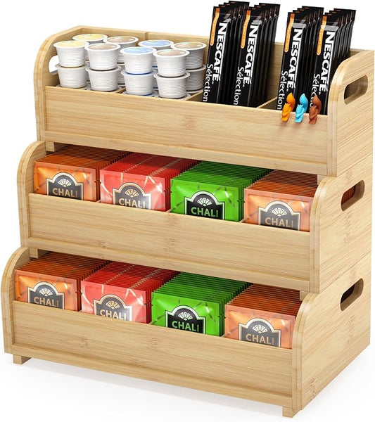 3-Tier Bamboo Tea Bag Organizer, Stackable Tea Holder for Countertop | Tea Box Rack with Removable Dividers, Wall Mount Large Capacity for Pantry Drawer Cabinet Kitchen Office Coffee Station by WisuceHome