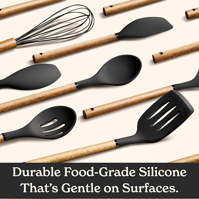 Country Kitchen Non Stick Silicone Utensil Set with Rounded Wood Handles for Cooking and Baking, 8 Piece Set, Black - Image 4